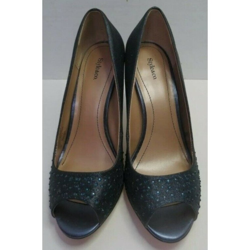 Style & Co Women’s Blue Glitter Rhinestone Pumps Shoes Peep Toe 4" Heel Size 7.5
